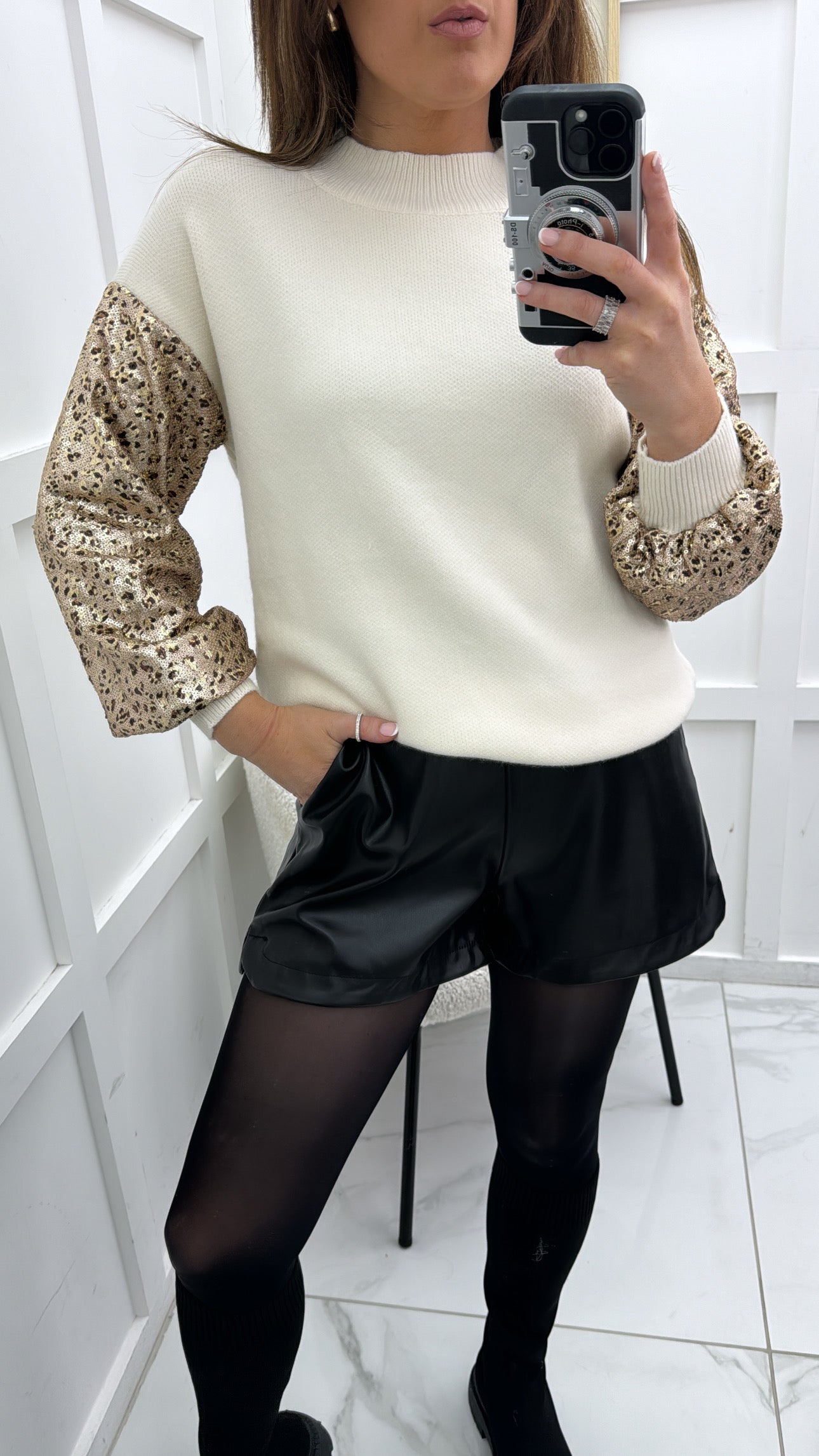 JESSIE cream knit jumper with leopard sequin sleeves