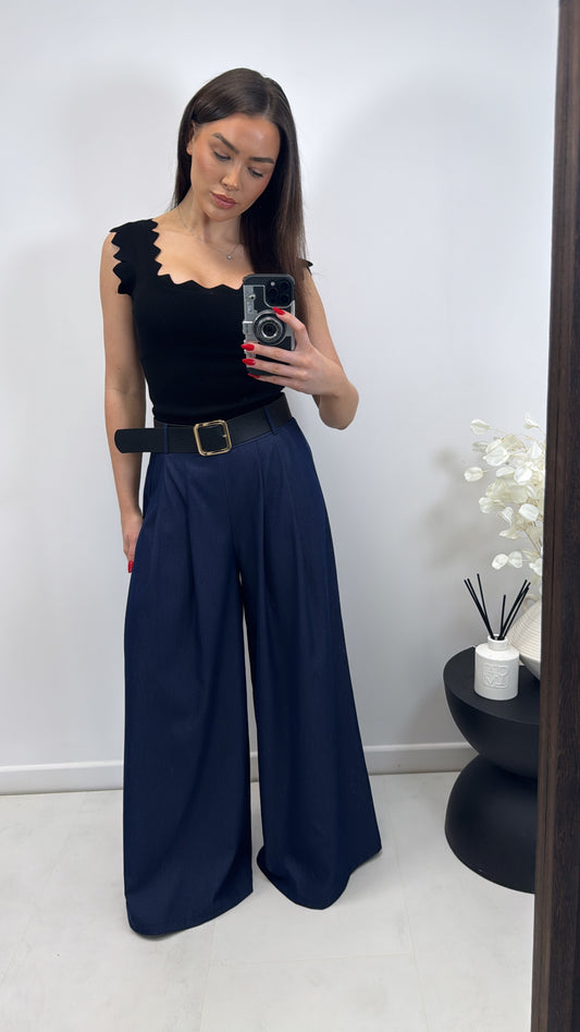 AUBERY dark blue wide leg trousers with black belt