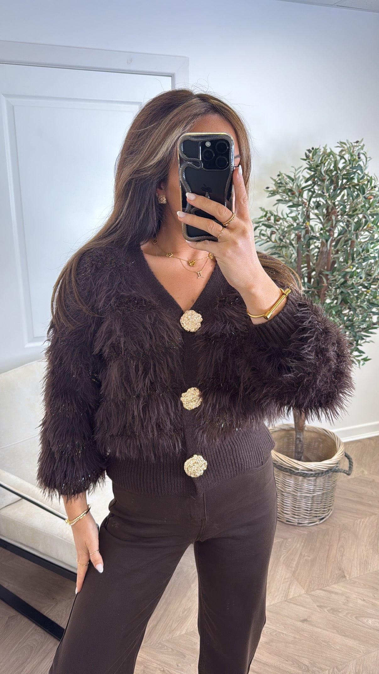 ERICA brown fluffy cardigan with gold buttons