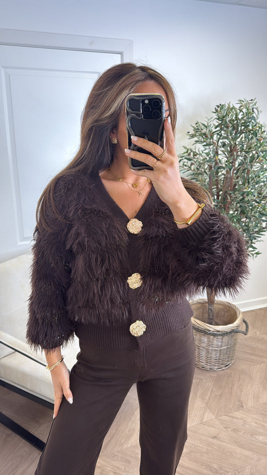 ERICA brown fluffy cardigan with gold buttons