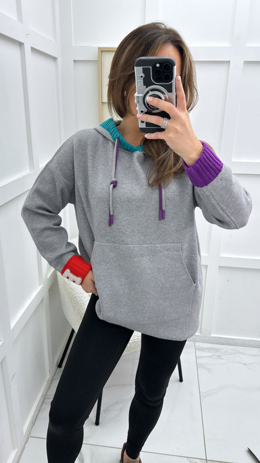 TASHA grey fine knit hoody with contrast colours