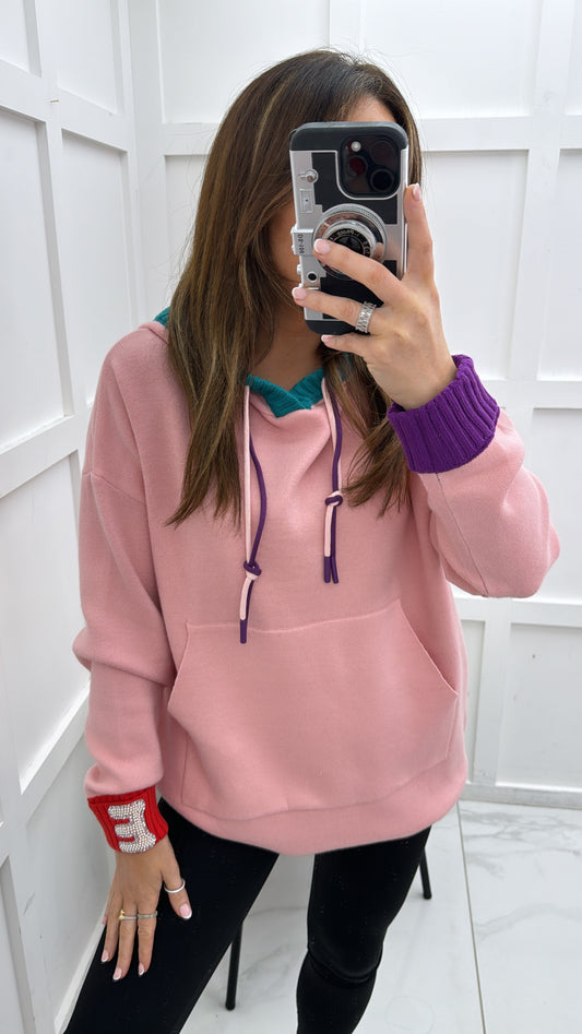 TASHA pink fine knit hoody with contrast colours