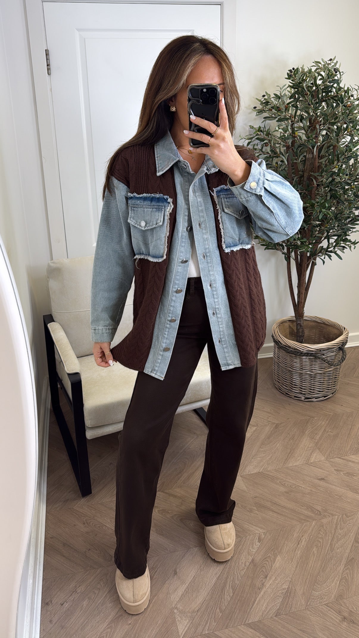 STEFFY brown knitted denim contrast shacket