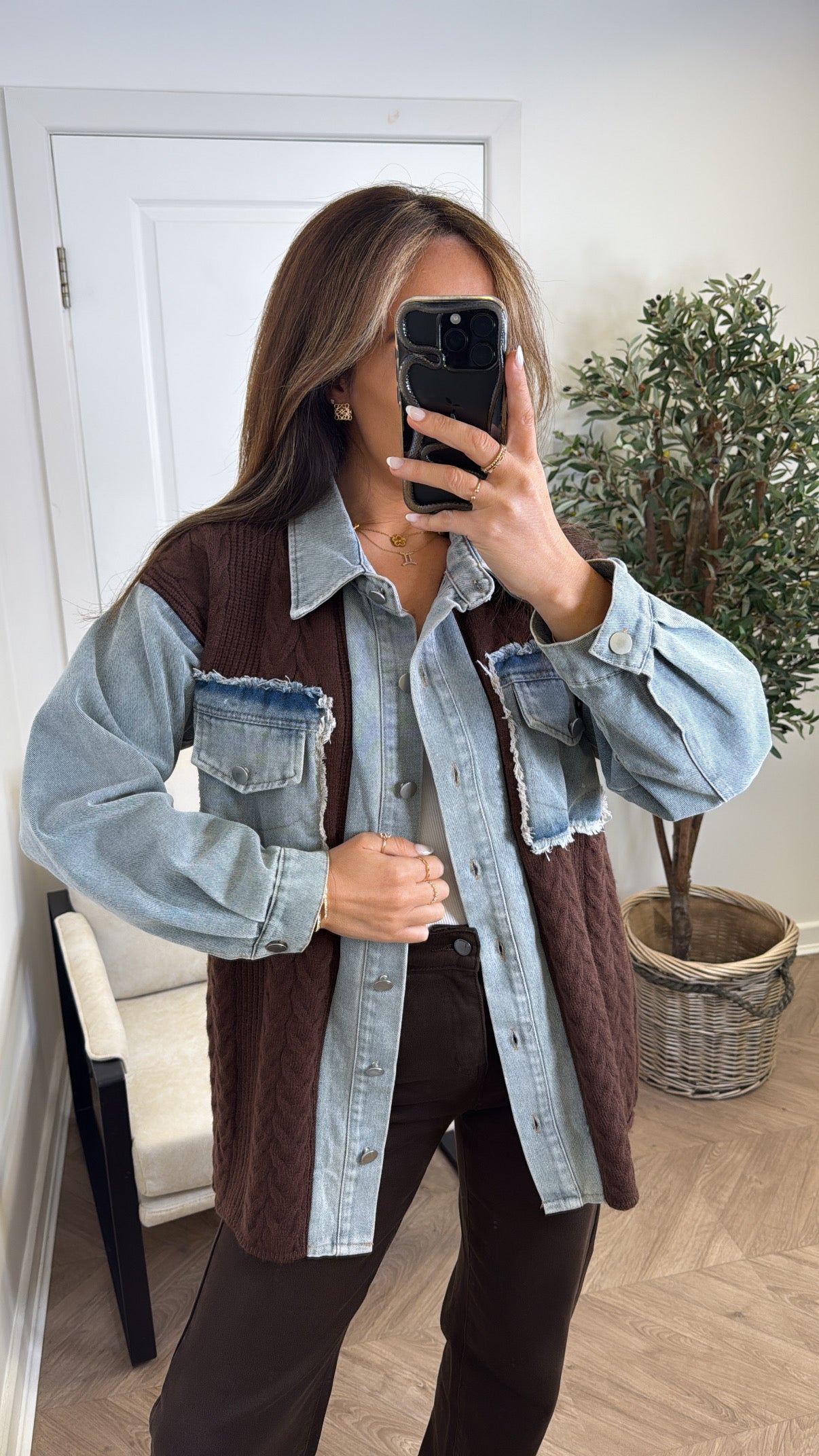STEFFY brown knitted denim contrast shacket