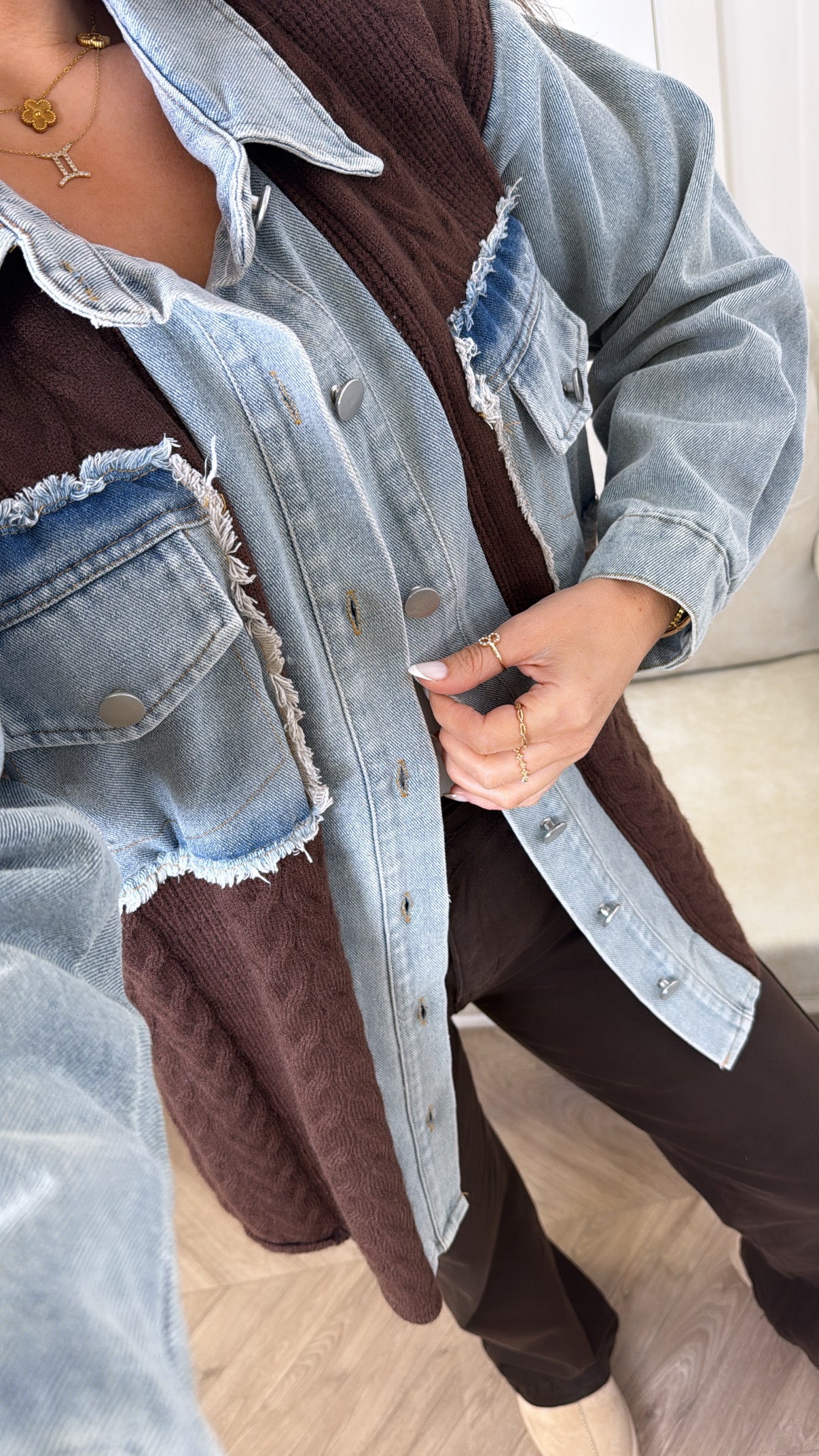 STEFFY brown knitted denim contrast shacket