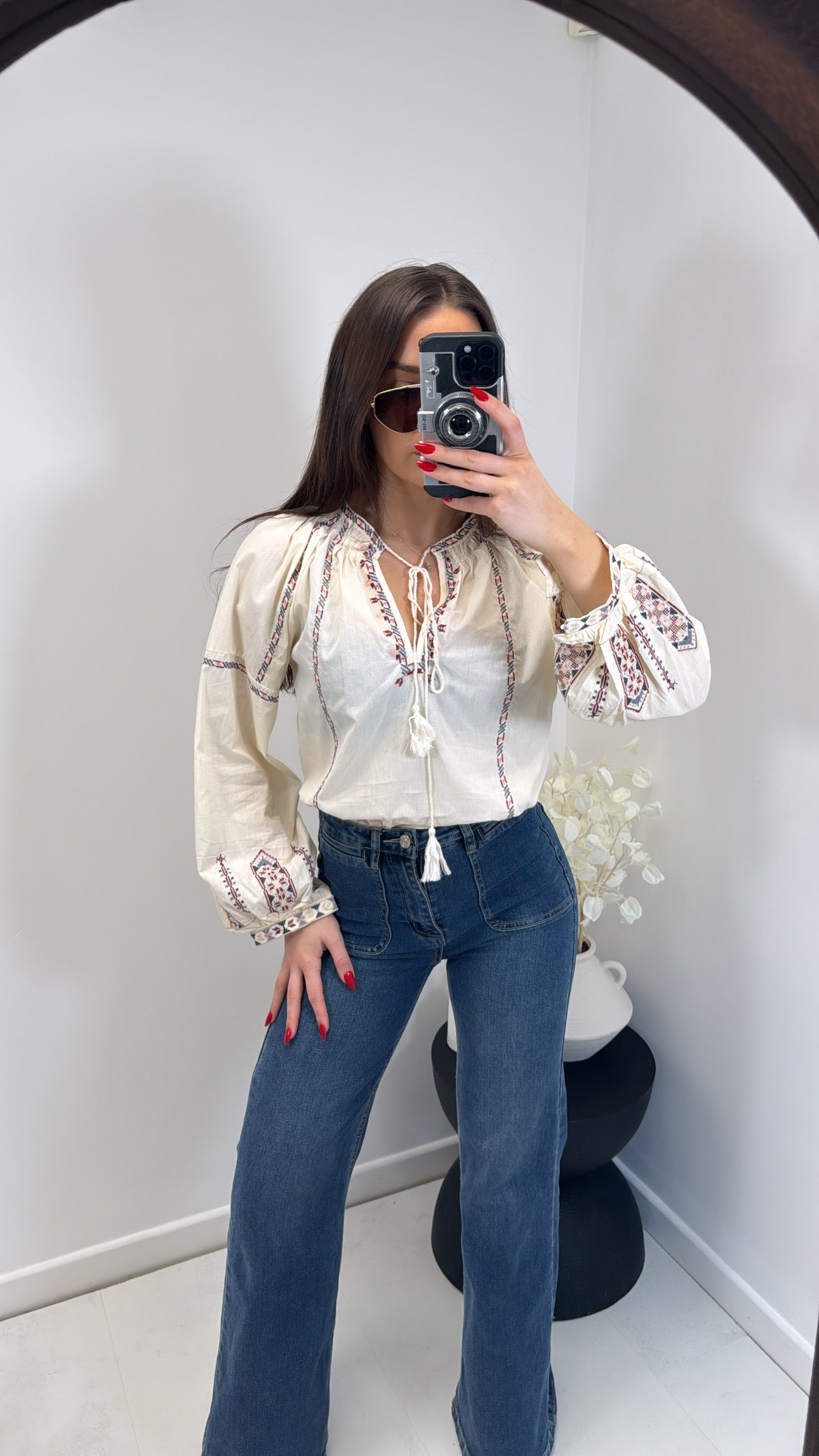 TINA cream embroidery detail smock top
