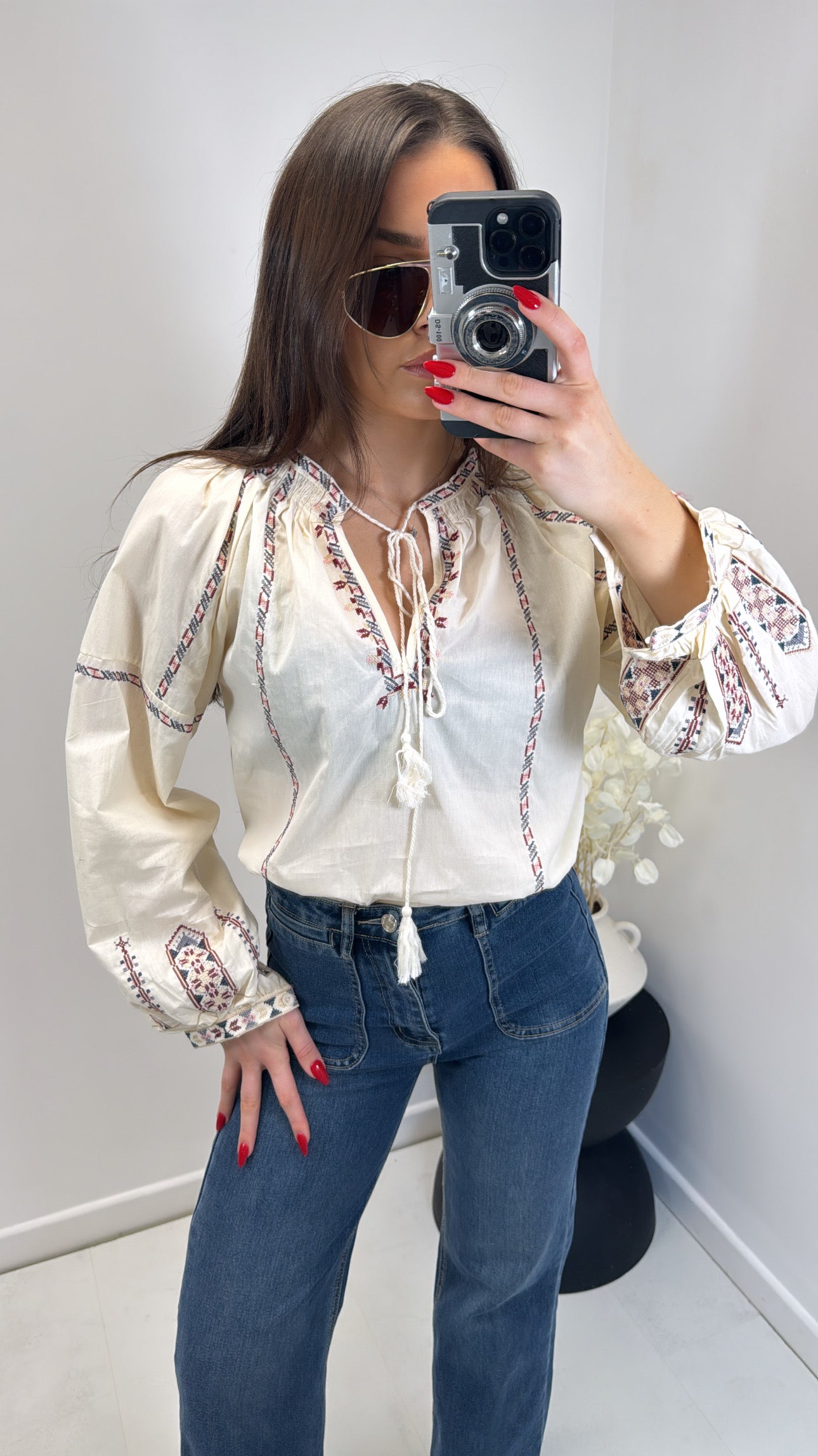 TINA cream embroidery detail smock top