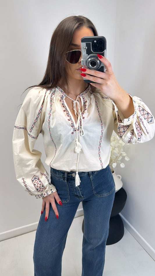 TINA cream embroidery detail smock top