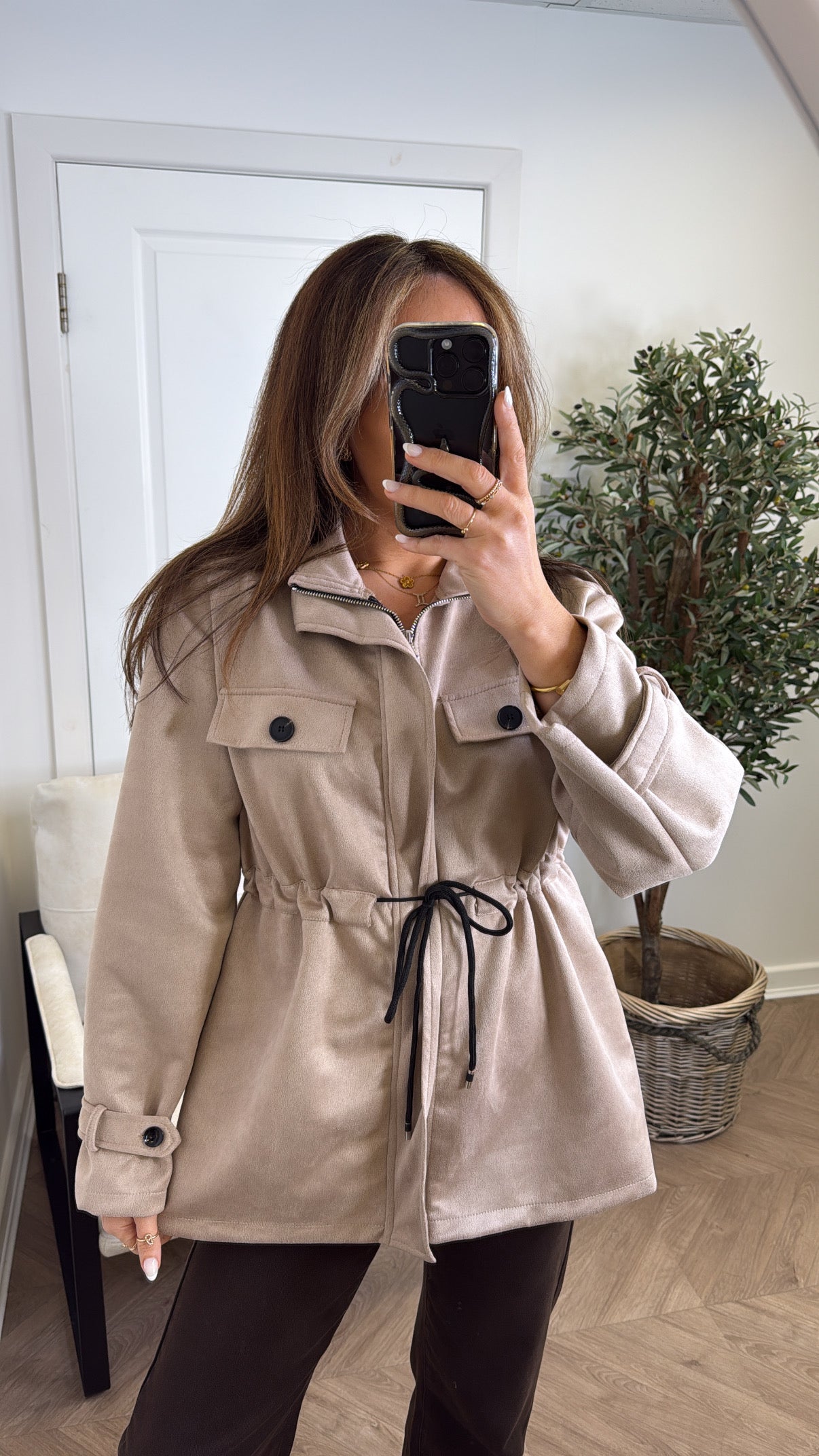 ABBEY mocha faux suede tie waist jacket