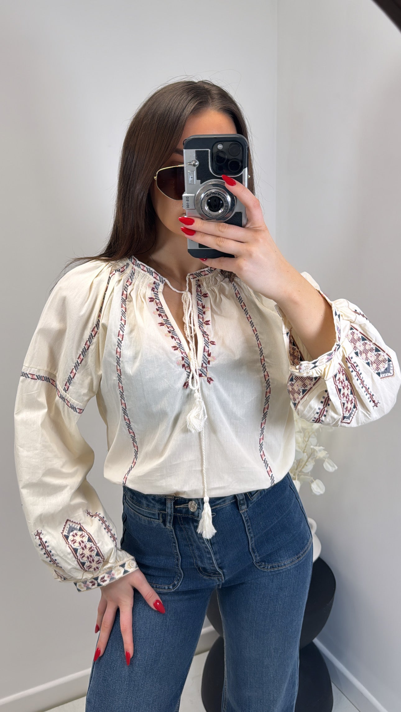 TINA cream embroidery detail smock top