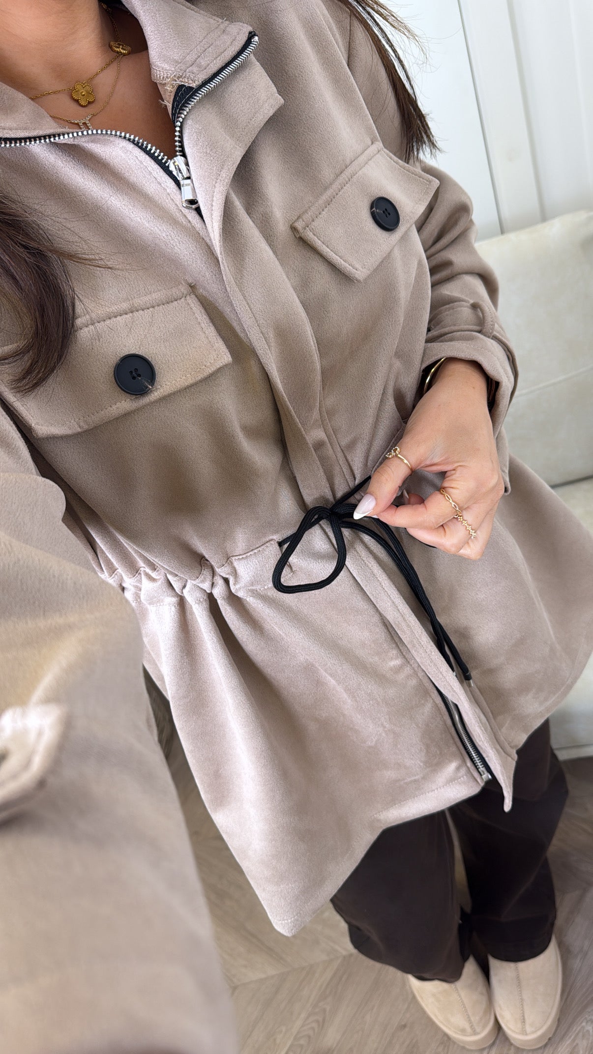 ABBEY mocha faux suede tie waist jacket