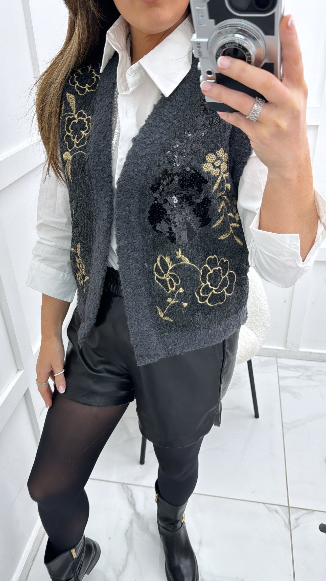 MEL charcoal knit waistcoat with sequin details