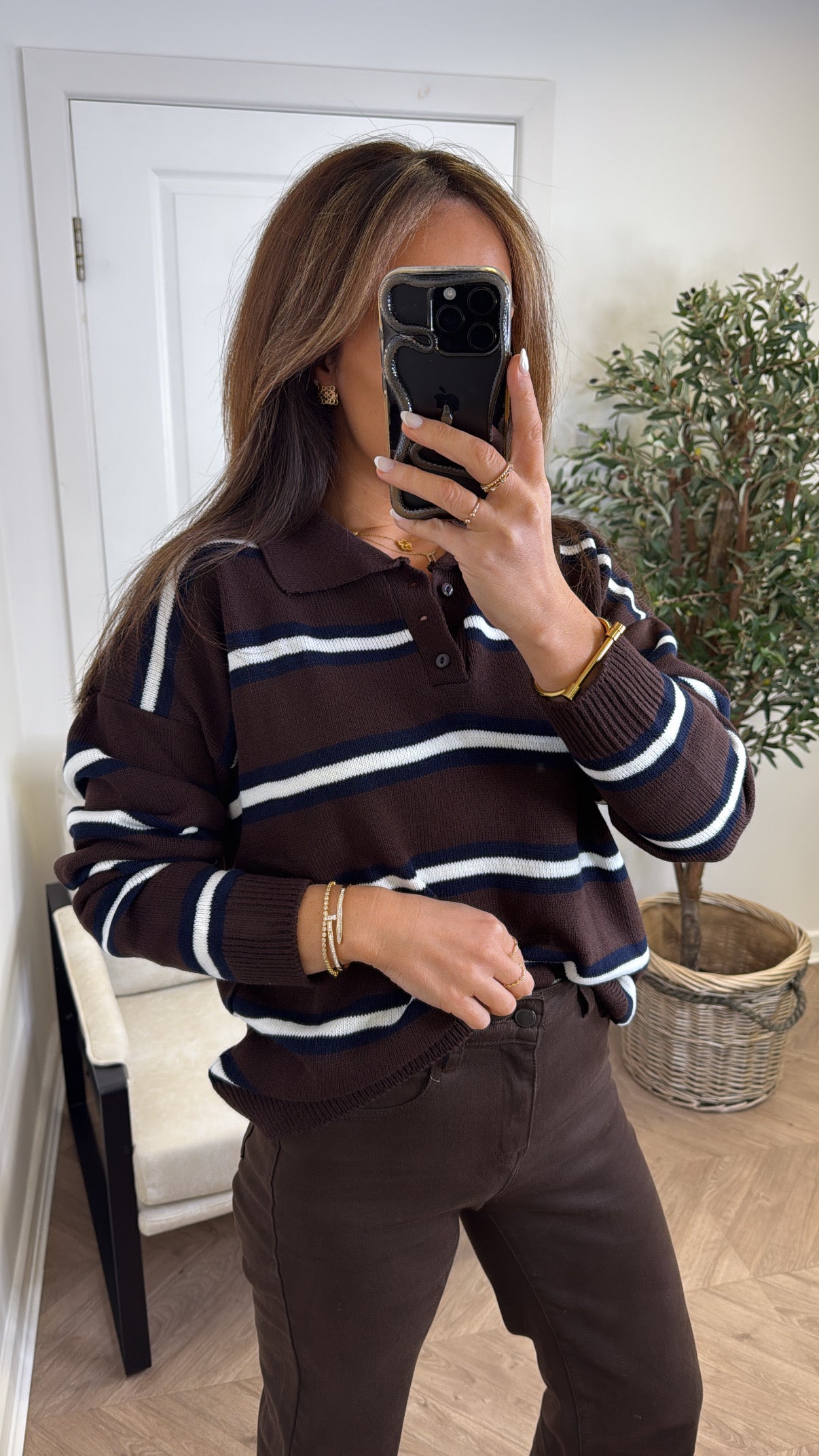 LOUISE brown stripe knitted rugby jumper
