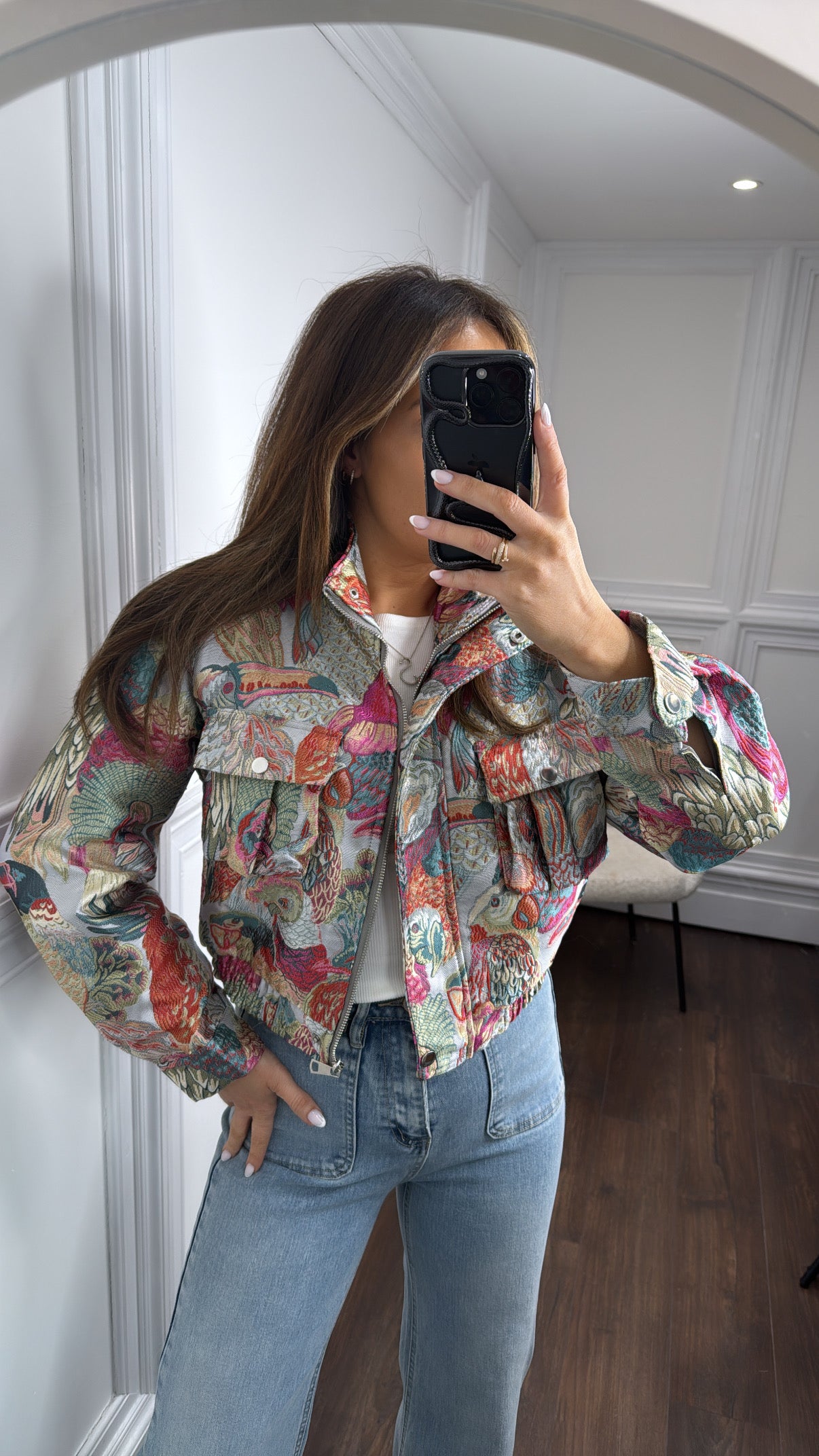 ATHENA pink jacquard cropped bomber jacket