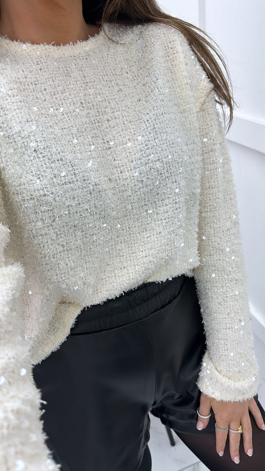 ELOISE cream sequin detail long sleeve top