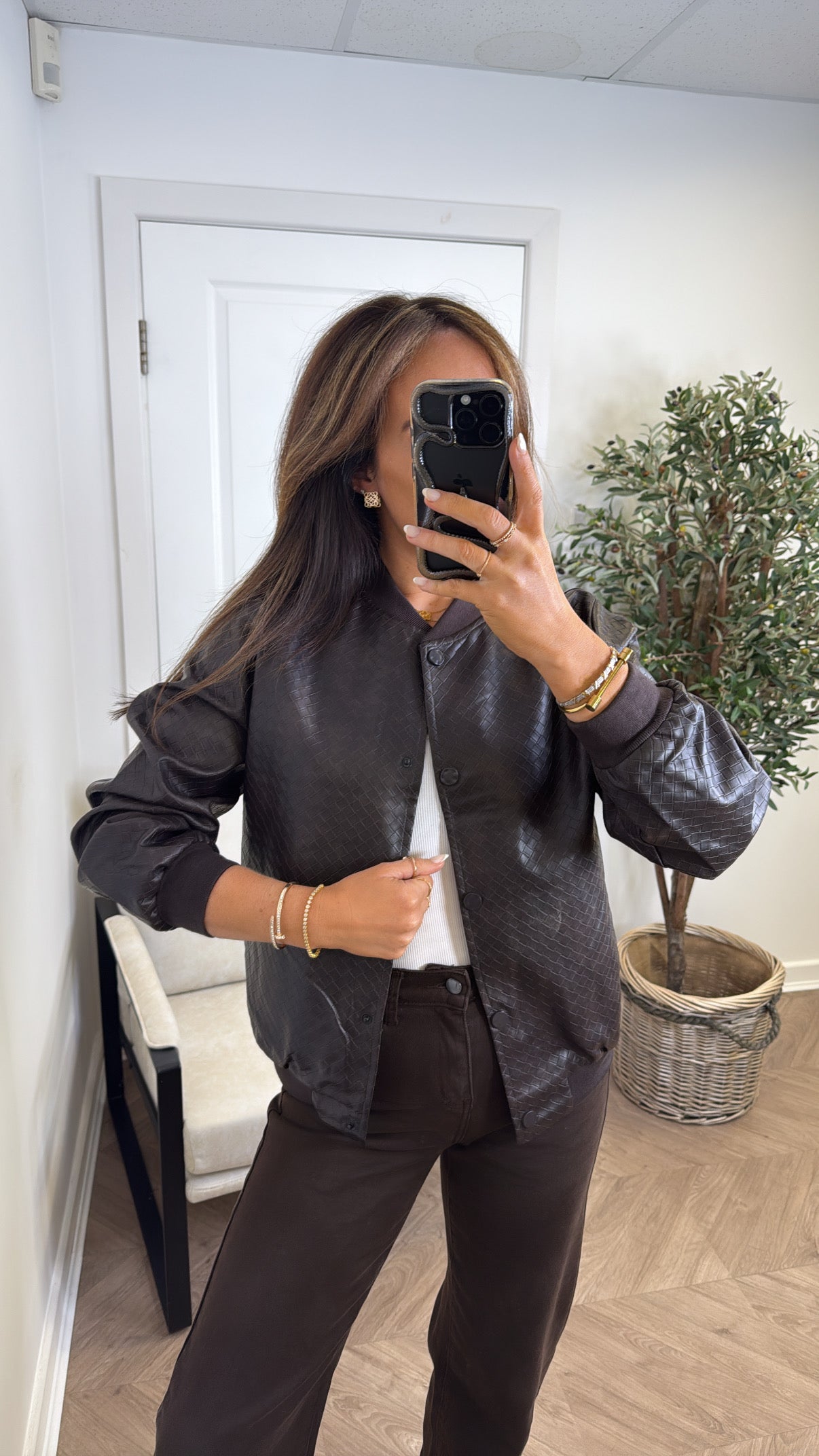 REBECCA brown woven bomber jacket