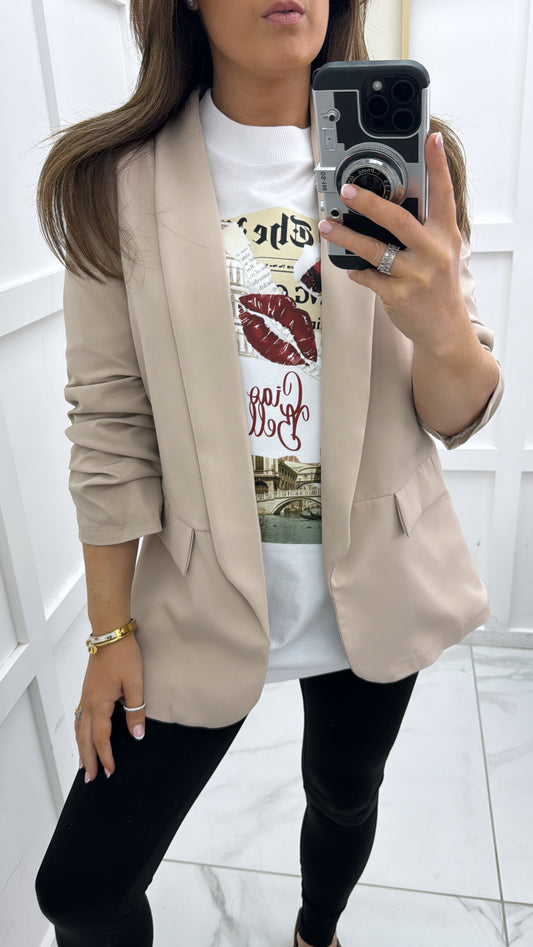 LOUISA beige ruched sleeve blazer