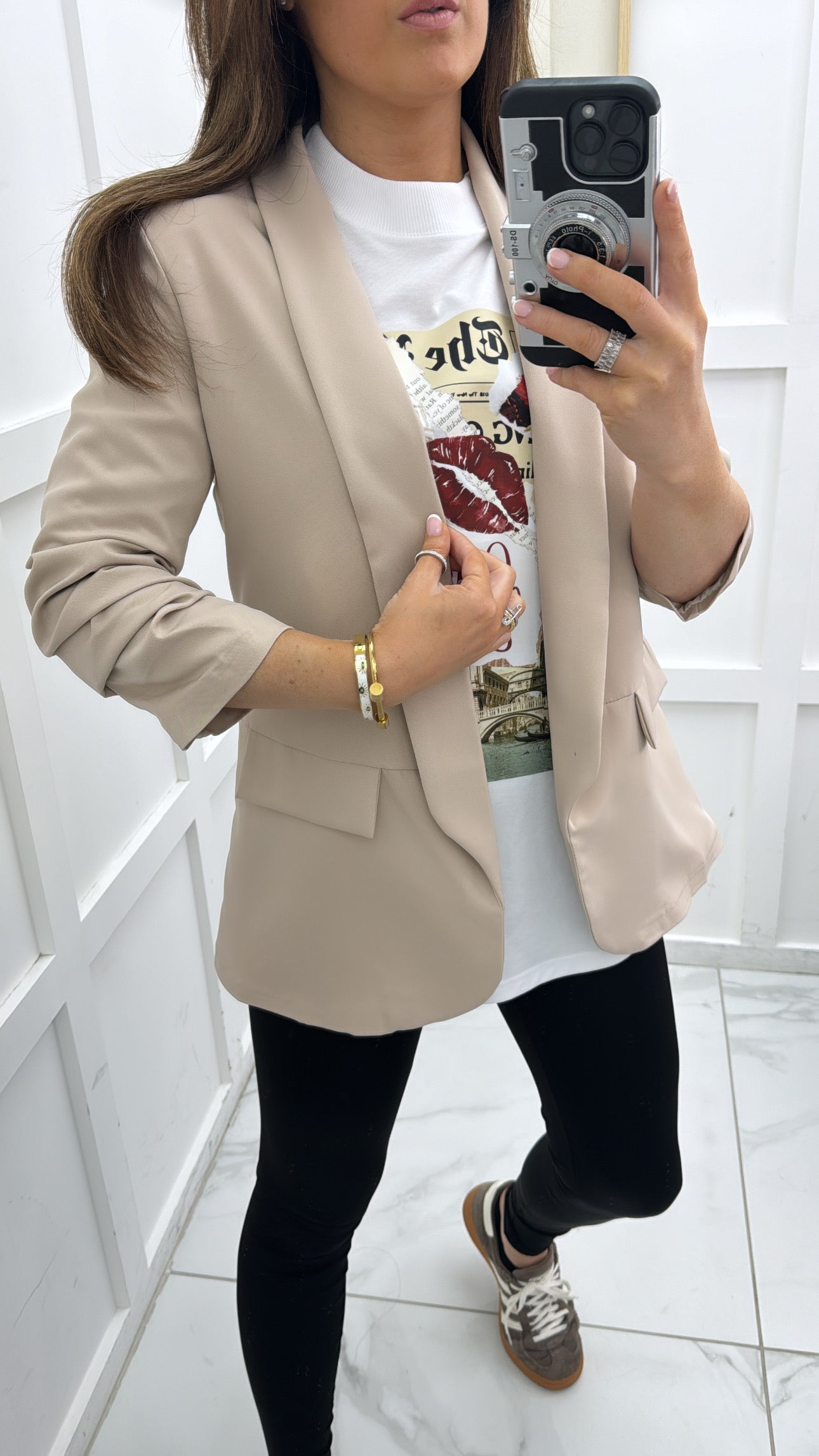 LOUISA beige ruched sleeve blazer