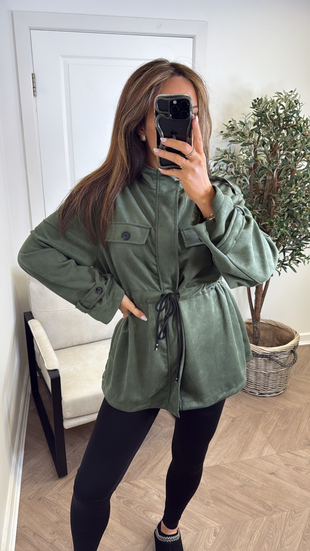 ABBEY khaki faux suede tie waist jacket