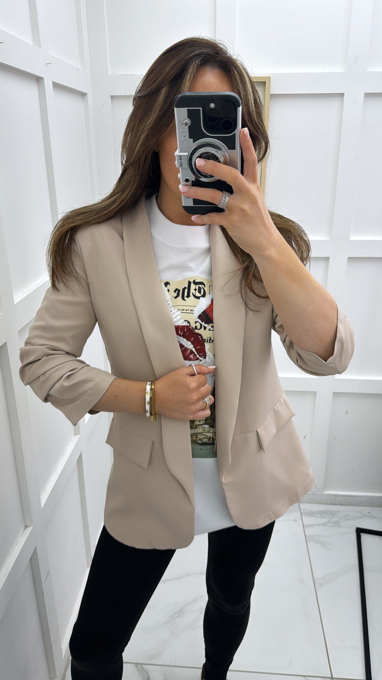 LOUISA beige ruched sleeve blazer