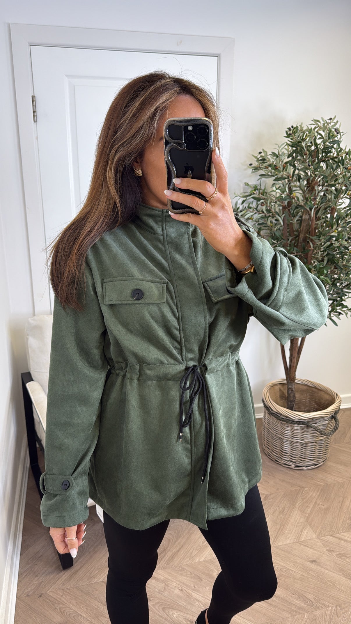 ABBEY khaki faux suede tie waist jacket