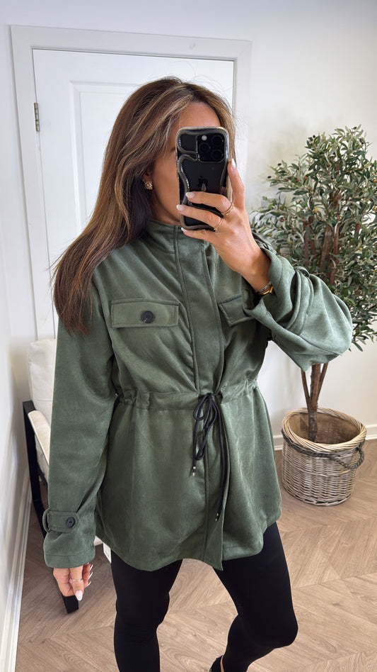ABBEY khaki faux suede tie waist jacket
