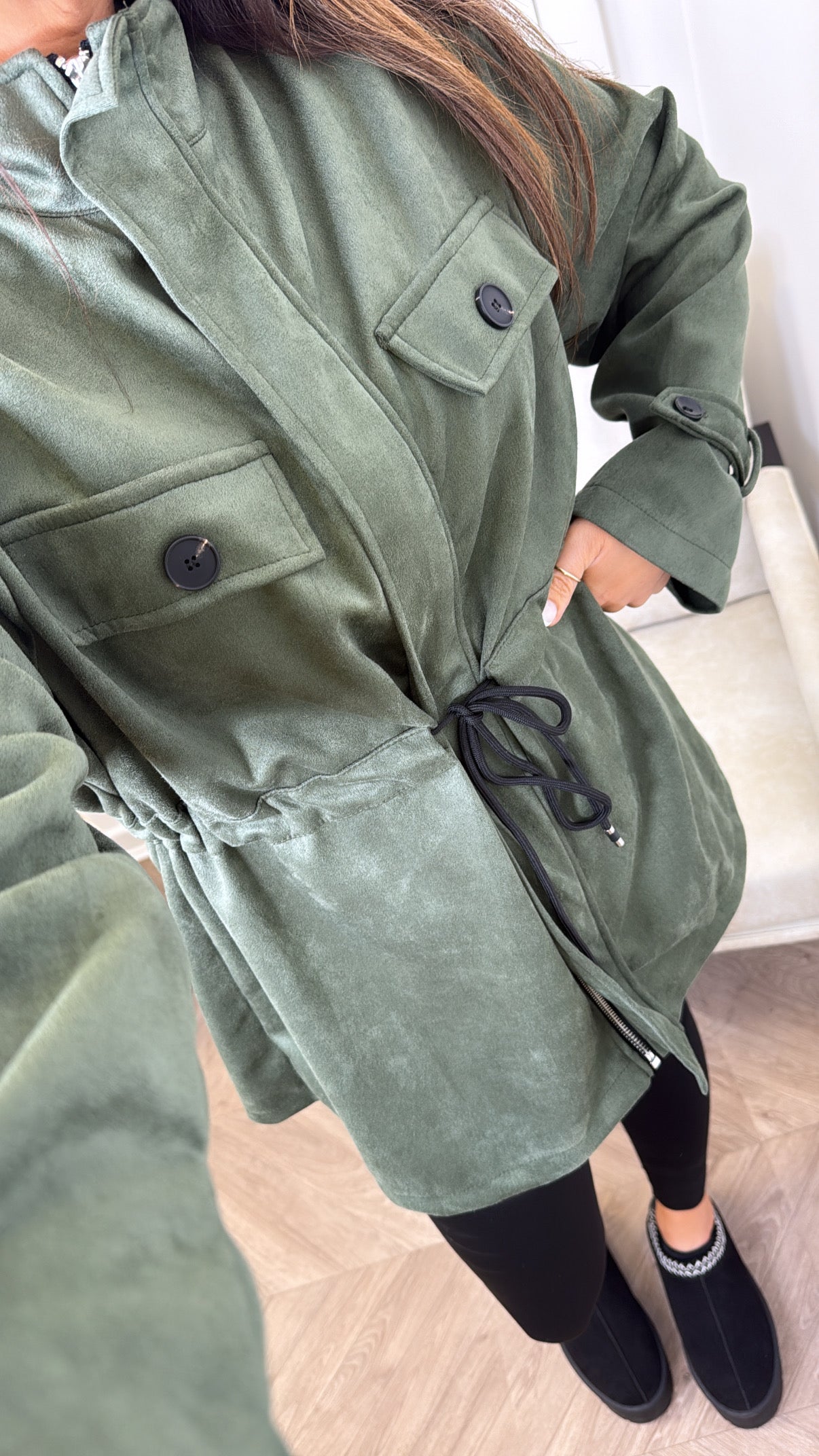 ABBEY khaki faux suede tie waist jacket