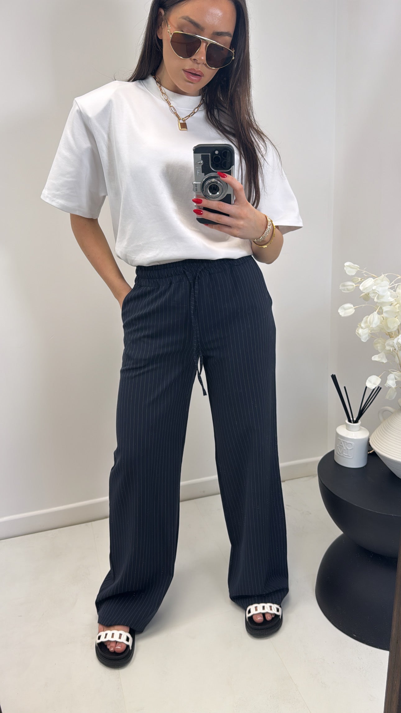NICOLE navy pinstripe wide leg trousers