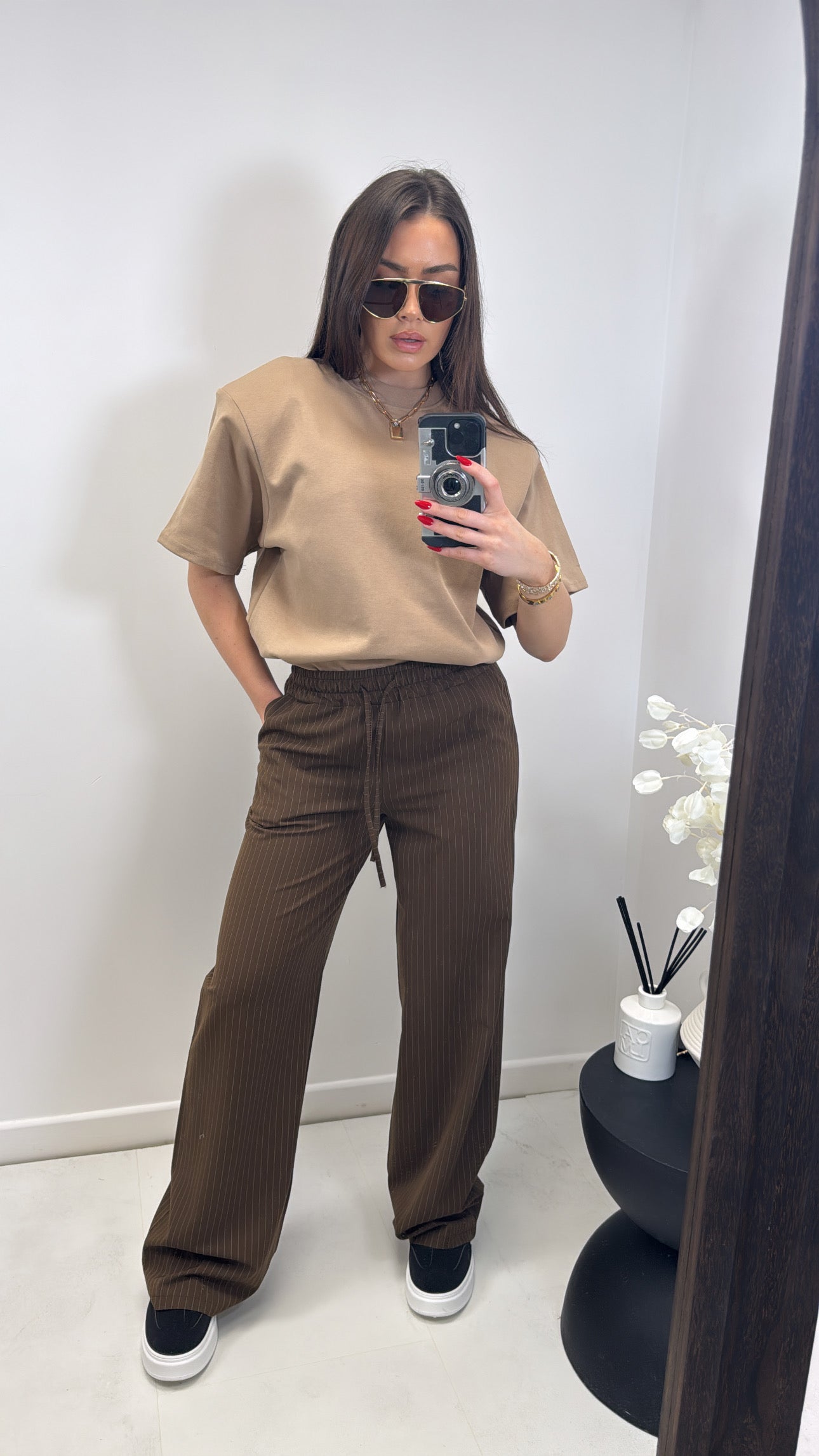 NICOLE brown pinstripe wide leg trousers