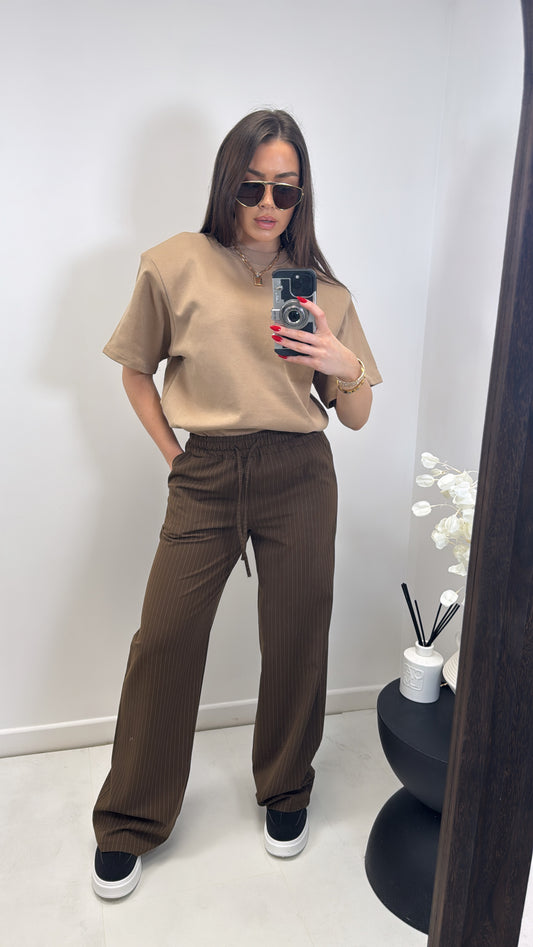 NICOLE brown pinstripe wide leg trousers