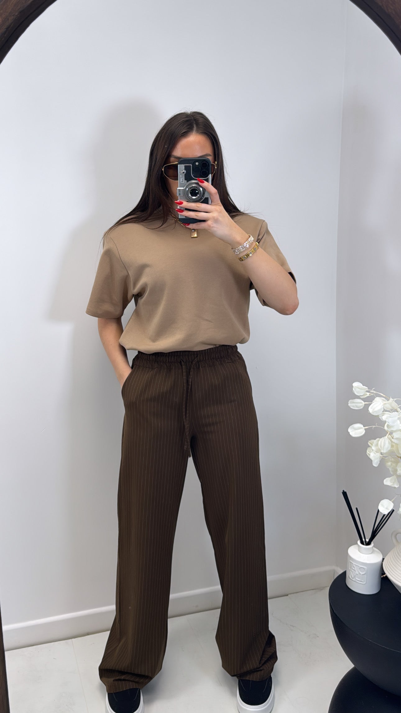 NICOLE brown pinstripe wide leg trousers