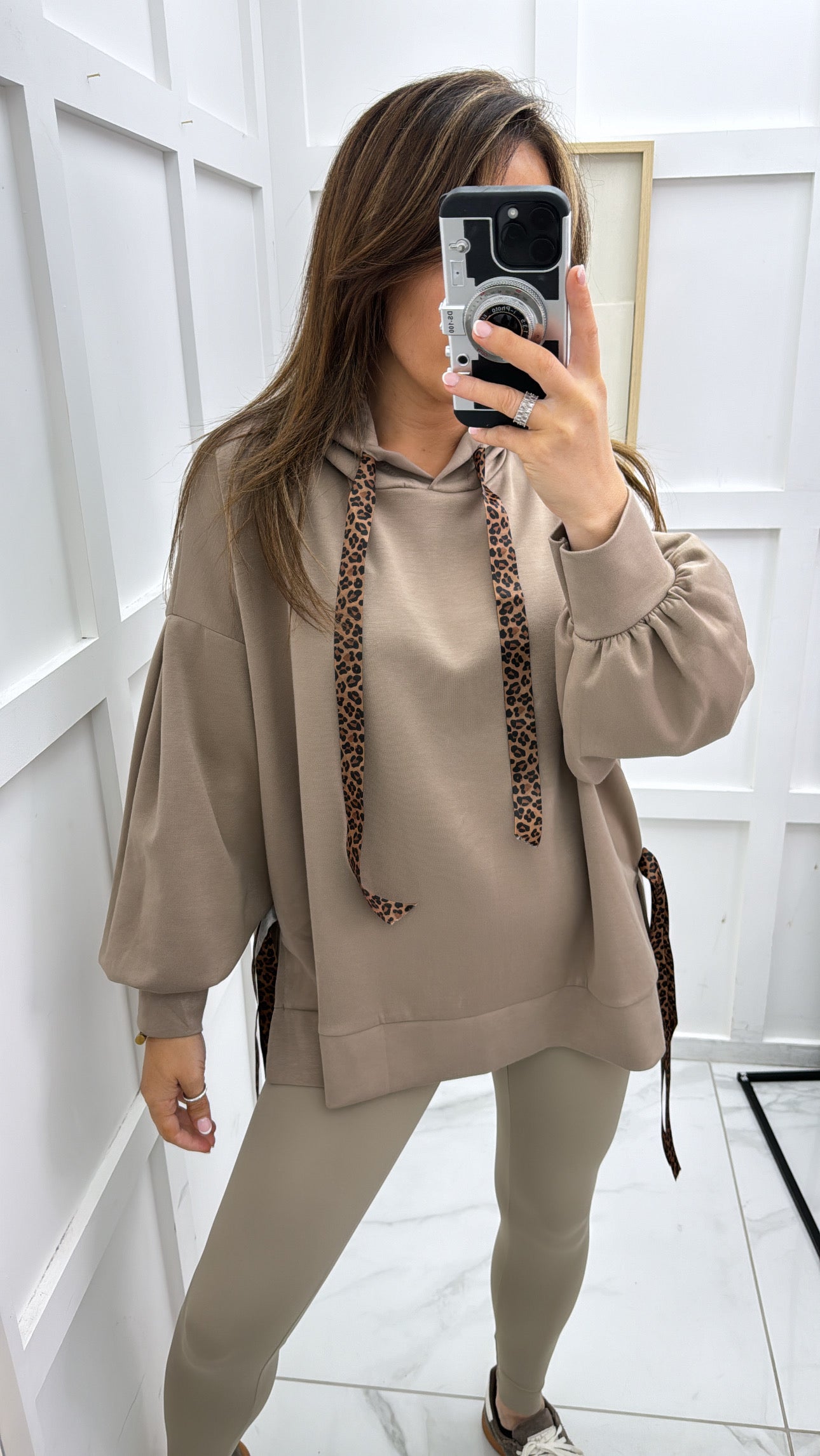 FINOLA mocha oversized hoody with leopard print ribbon detail