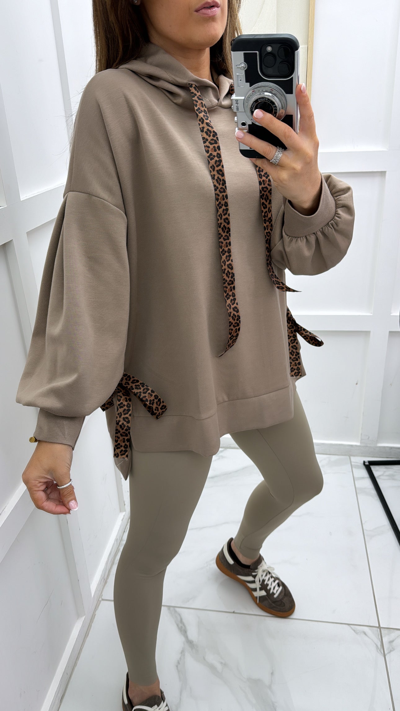 FINOLA mocha oversized hoody with leopard print ribbon detail