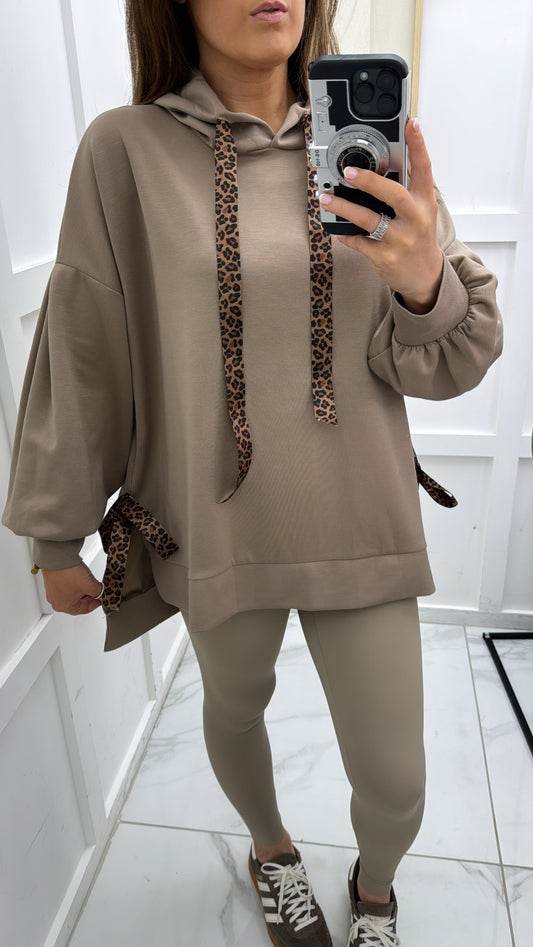 FINOLA mocha oversized hoody with leopard print ribbon detail