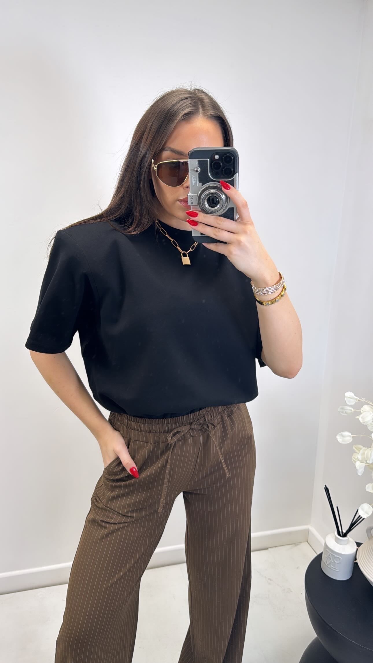 TASHA black shoulder pad plain t-shirt