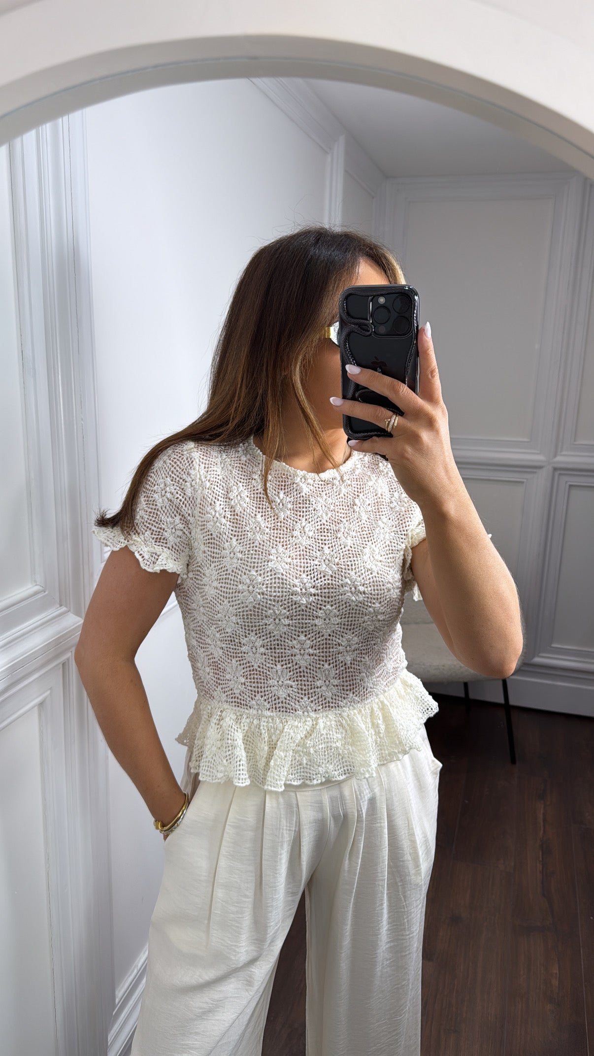 MOLLIE cream flower detail top