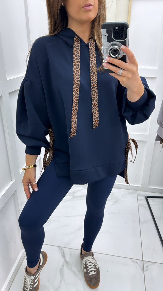 FINOLA navy oversized hoody with leopard print ribbon detail