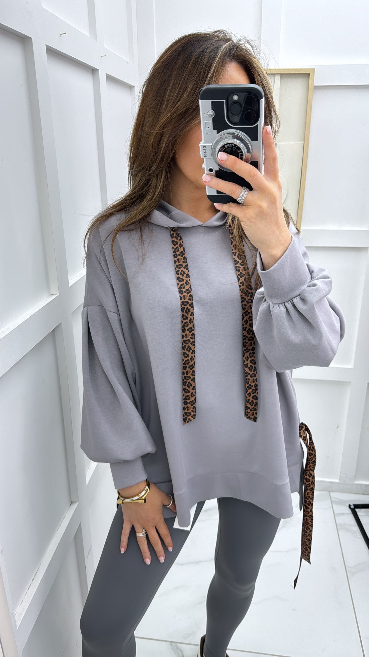 FINOLA grey oversized hoody with leopard print ribbon detail