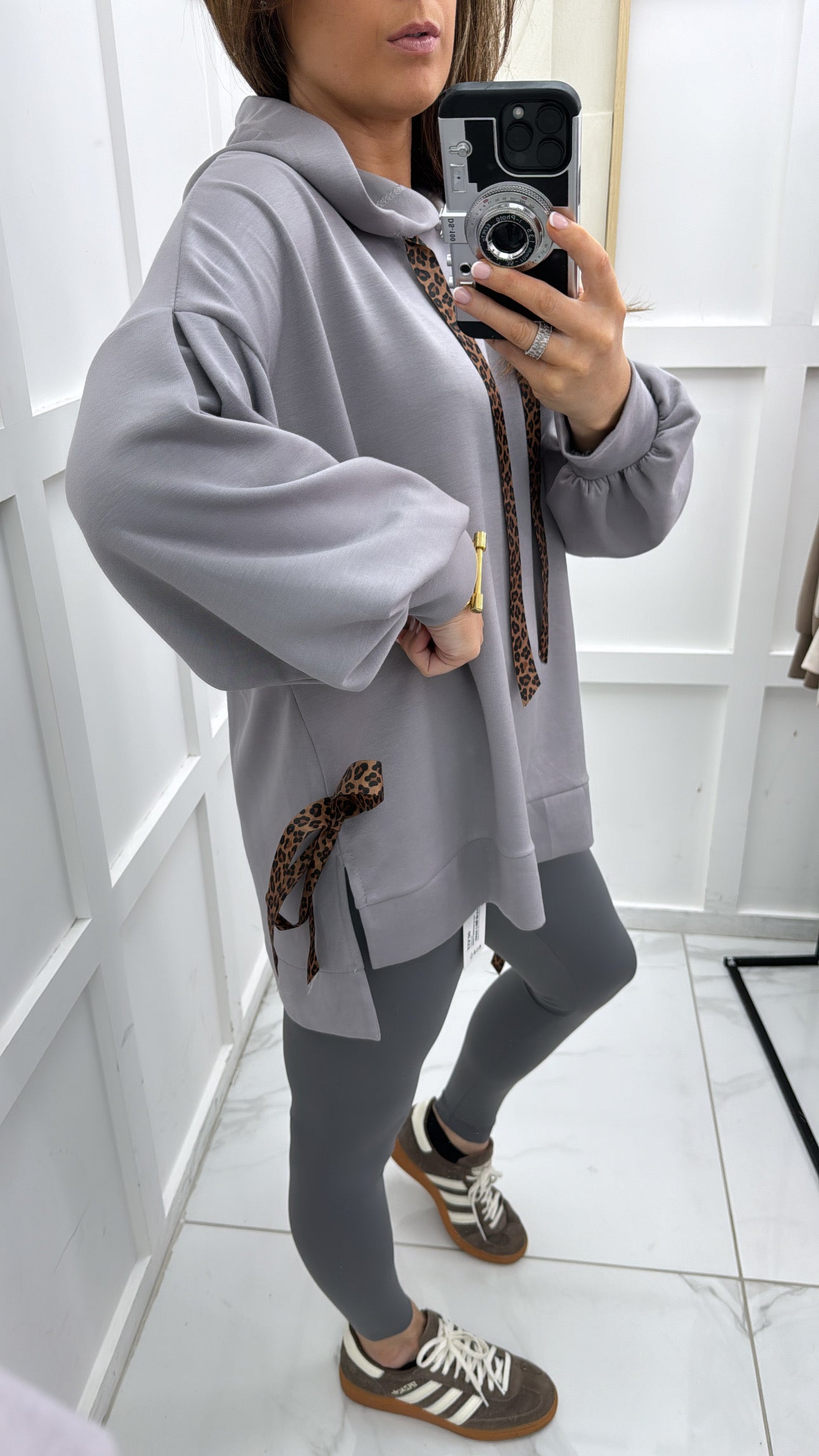 FINOLA grey oversized hoody with leopard print ribbon detail