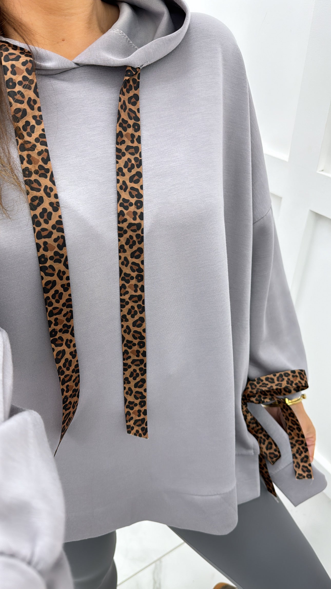 FINOLA grey oversized hoody with leopard print ribbon detail