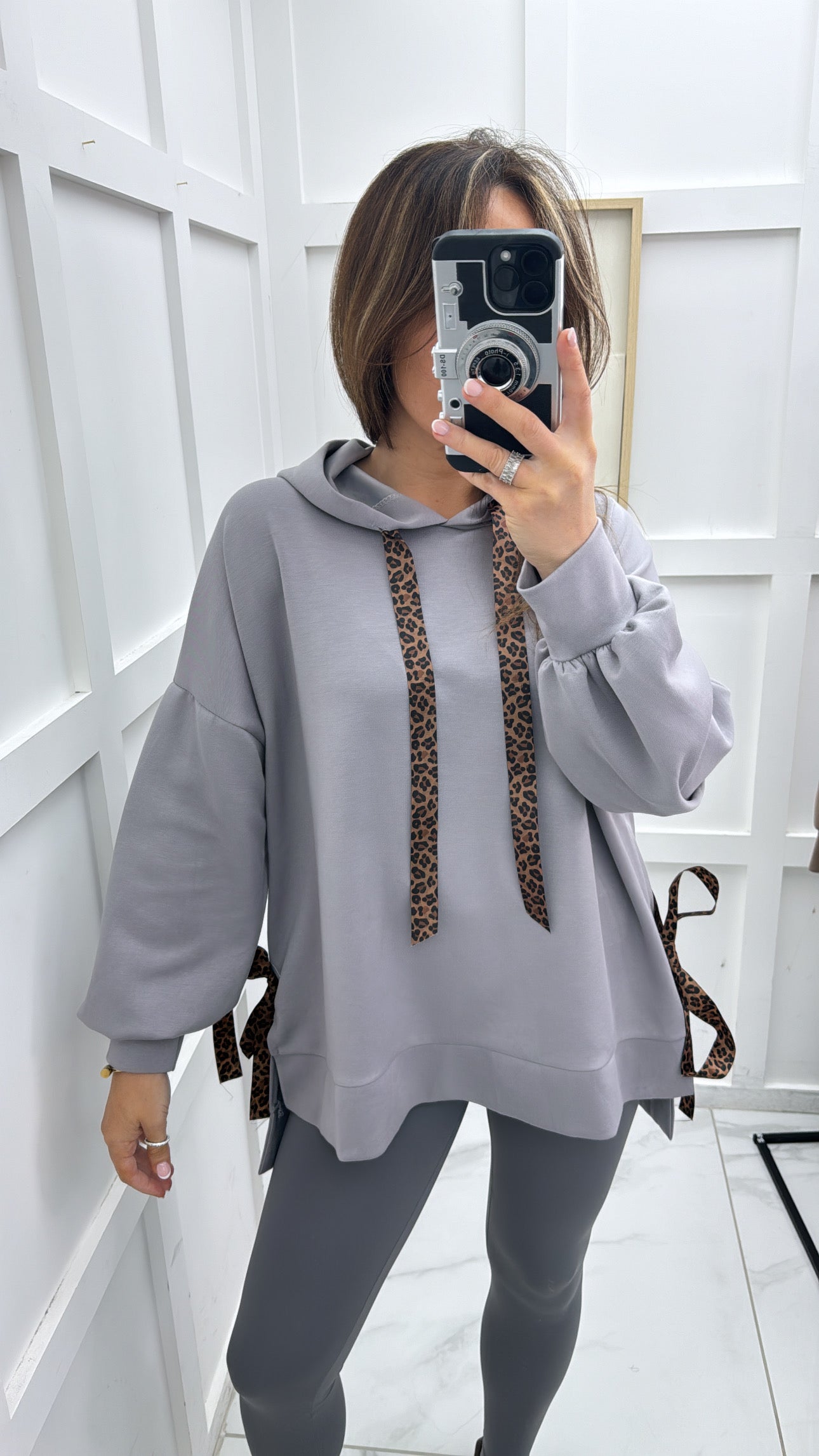 FINOLA grey oversized hoody with leopard print ribbon detail