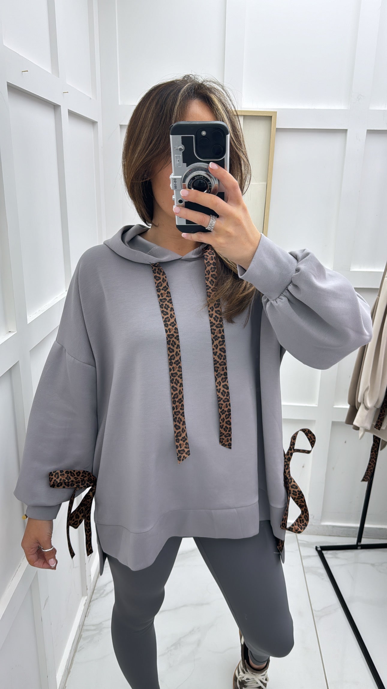 FINOLA grey oversized hoody with leopard print ribbon detail