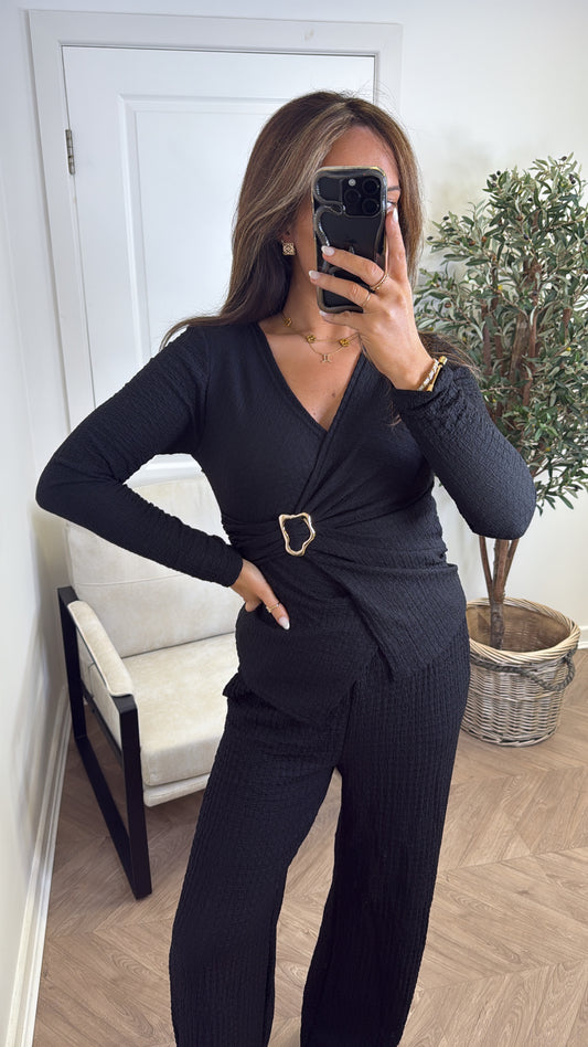 TIFFANY black crinkle top and trousers co-ord