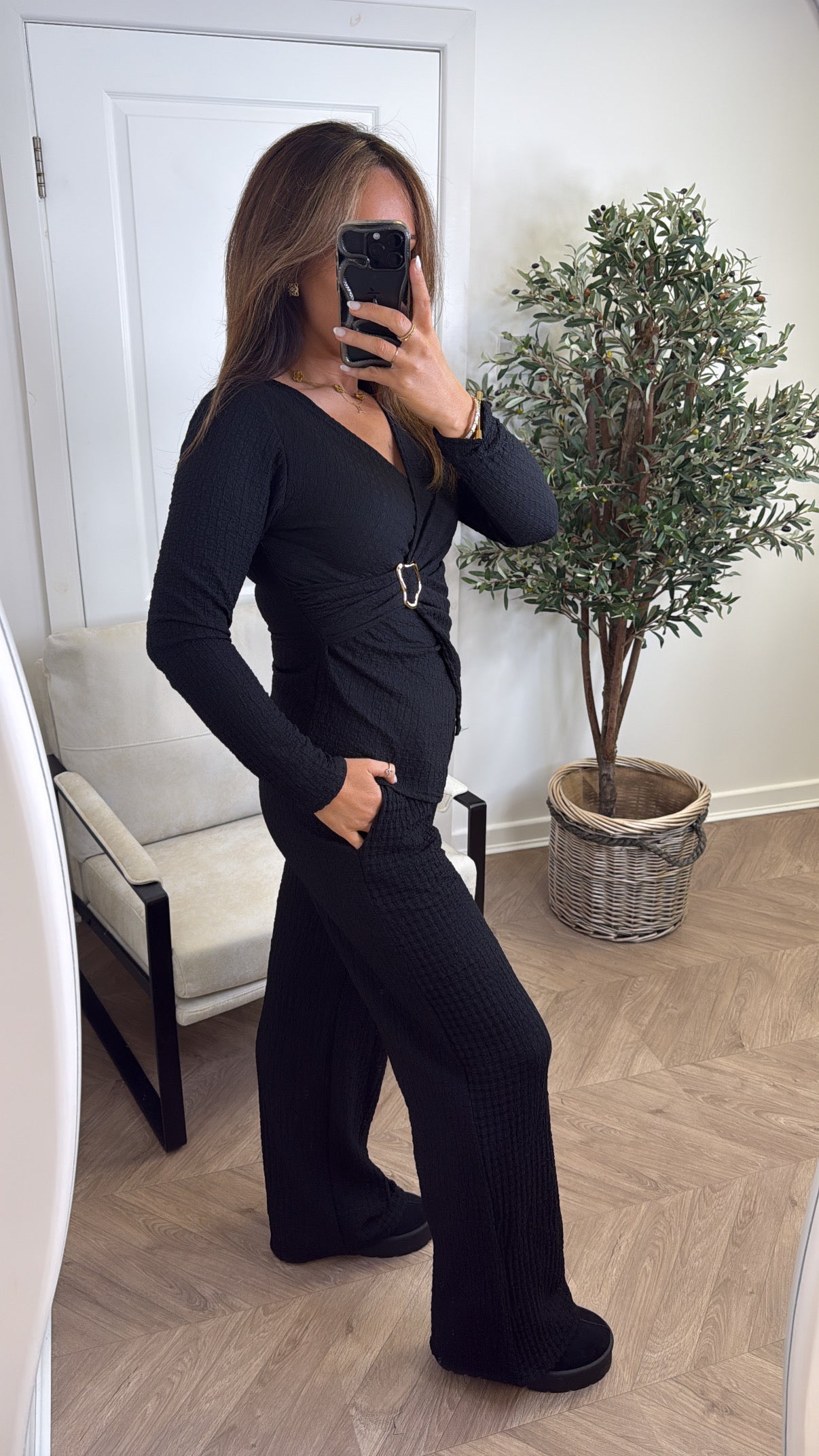 TIFFANY black crinkle top and trousers co-ord