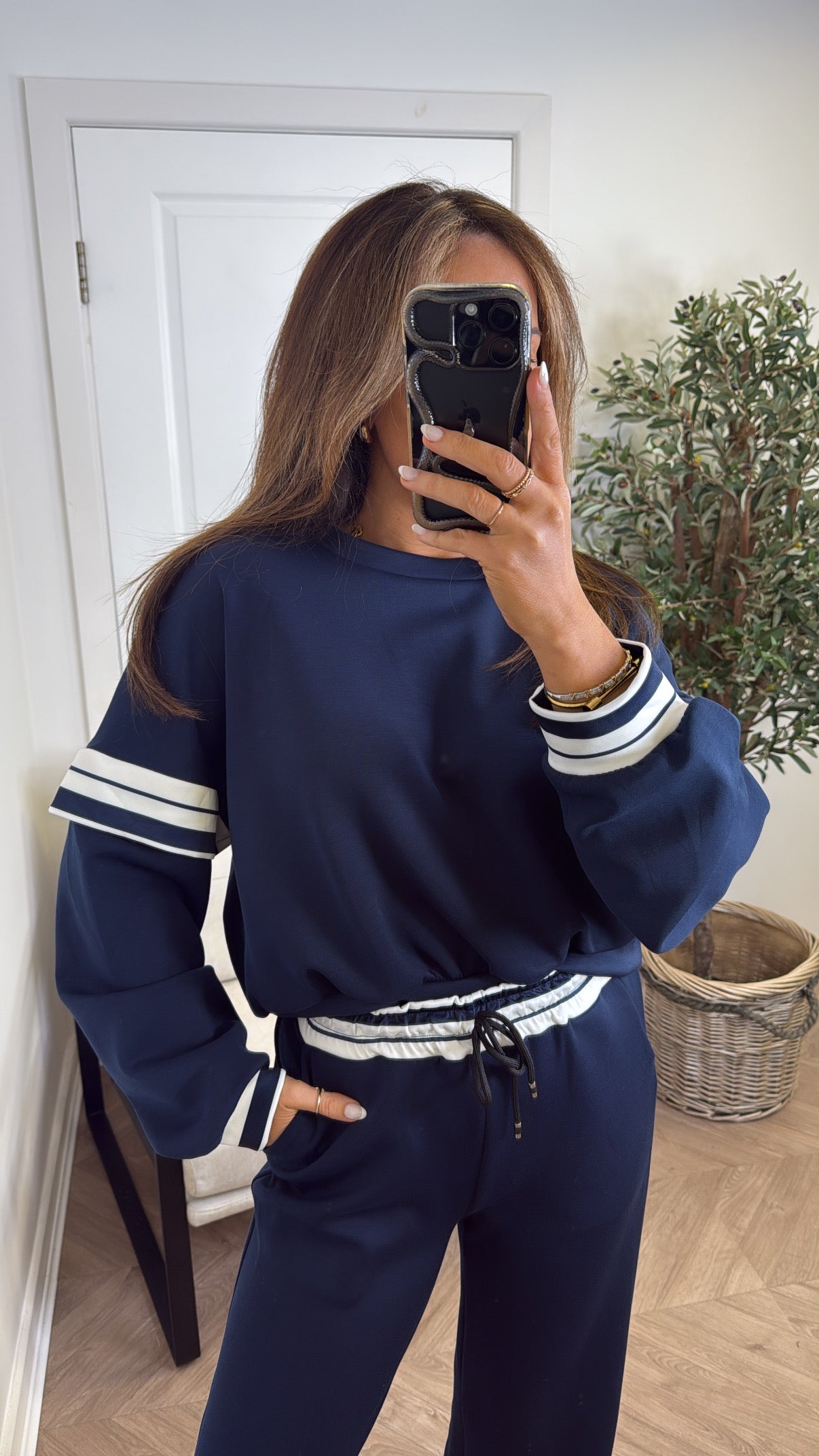 GINA navy contrast stripe top and wide leg joggers tracksuit