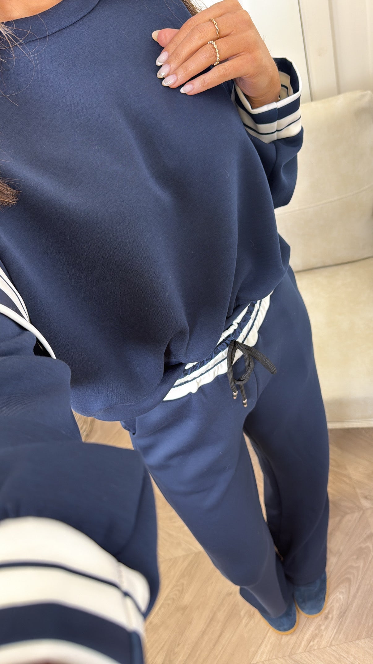 GINA navy contrast stripe top and wide leg joggers tracksuit
