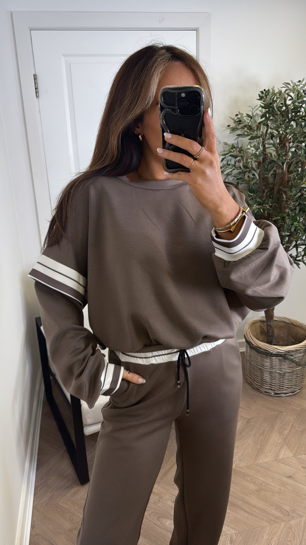 GINA mocha contrast stripe top and wide leg joggers tracksuit