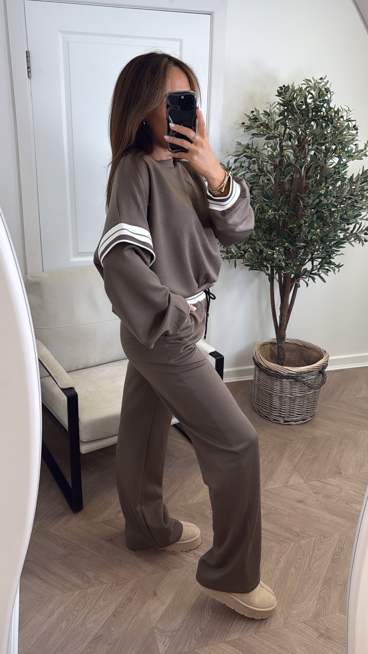 GINA mocha contrast stripe top and wide leg joggers tracksuit