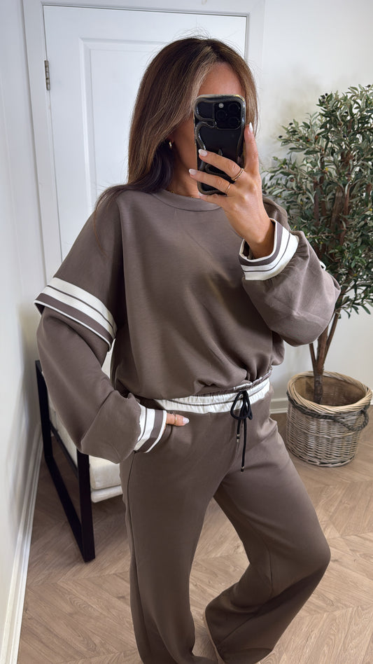 GINA mocha contrast stripe top and wide leg joggers tracksuit