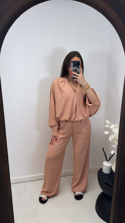 AVRIL peach chiffon top and trousers co-ord